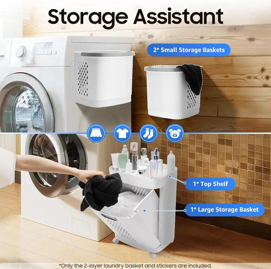 Double Layer Rolling Laundry Basket for Laundry Room in Ivory