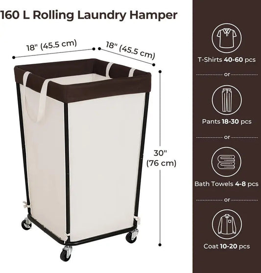 Wheeled Laundry Basket with Laundry Bag for Bathroom in Beige