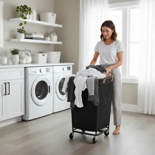 Large Wheeled Laundry Basket Household Storage Basket in Black