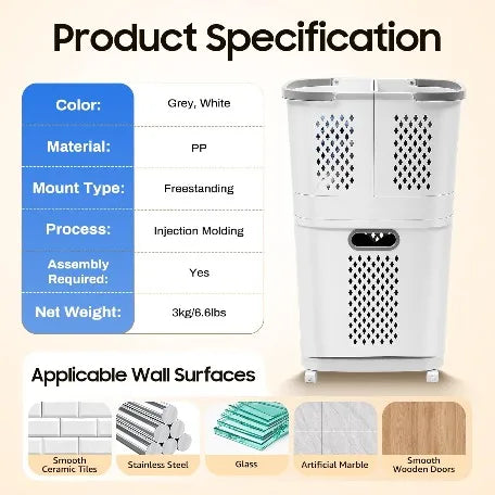 Double Layer Rolling Laundry Basket for Laundry Room in Ivory