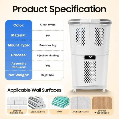 Double Layer Rolling Laundry Basket for Laundry Room in Ivory