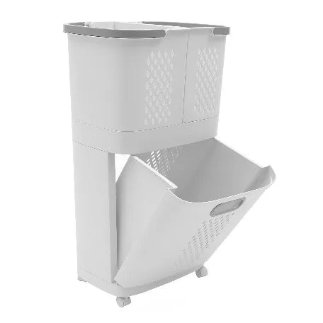 Double Layer Rolling Laundry Basket for Laundry Room in Ivory