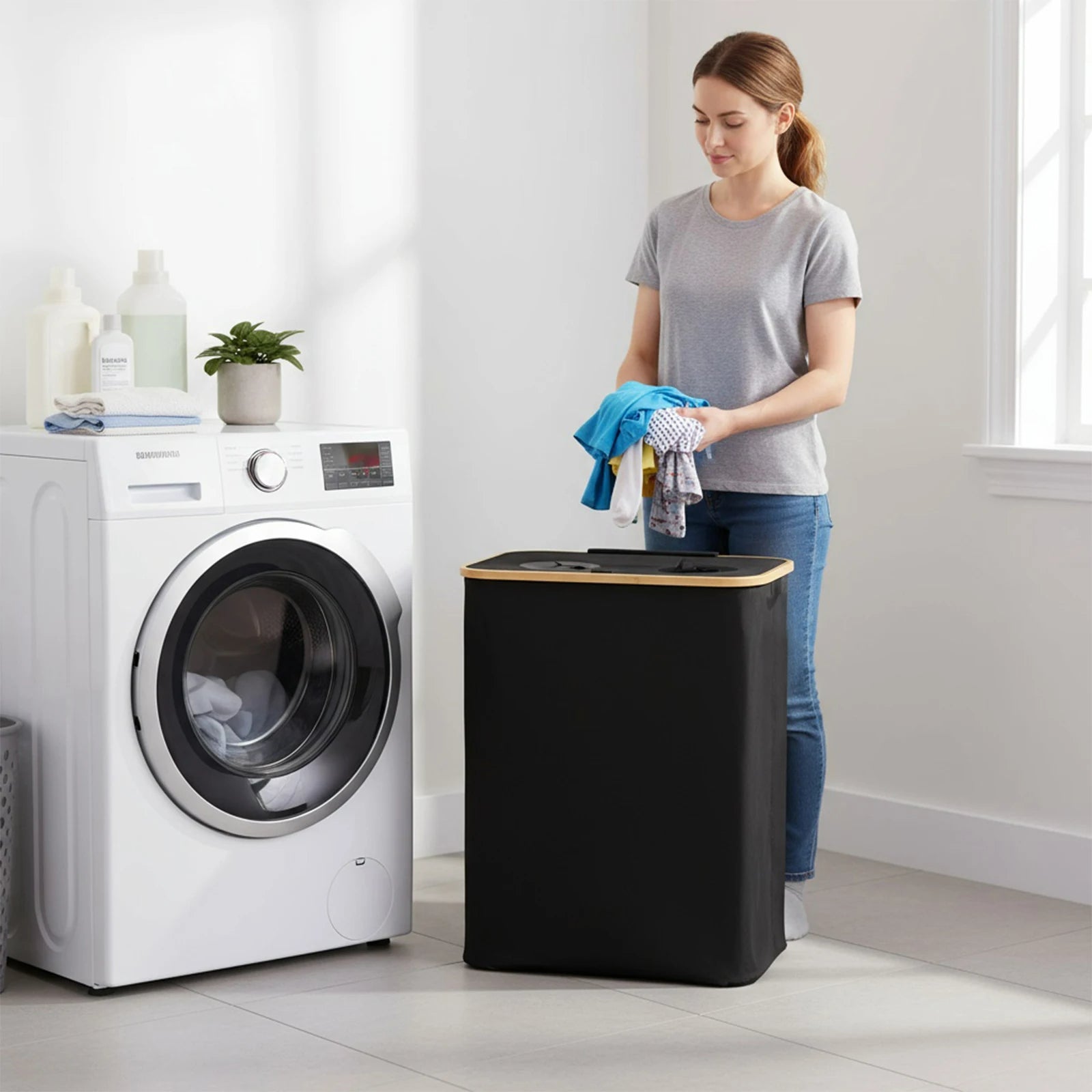 140L Foldable Oxford Double Layer Laundry Basket in Black