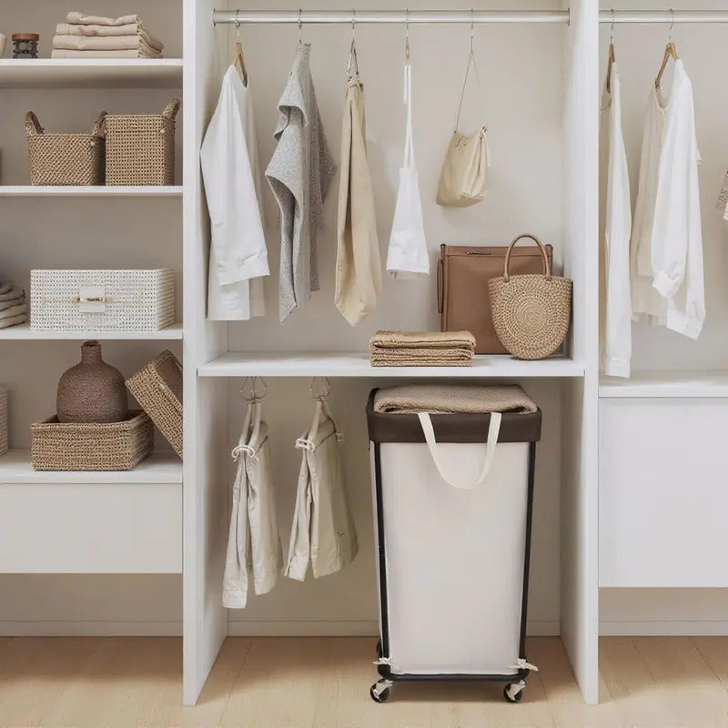 Wheeled Laundry Basket with Laundry Bag for Bathroom in Beige