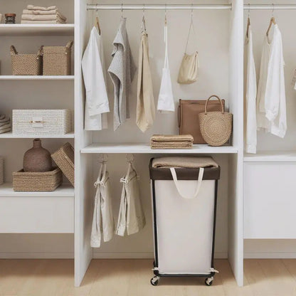 Wheeled Laundry Basket with Laundry Bag for Bathroom in Beige