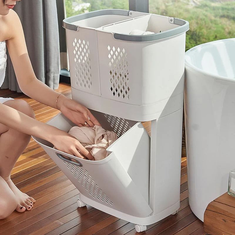 Double Layer Rolling Laundry Basket for Laundry Room in Ivory