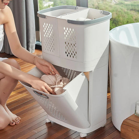 Double Layer Rolling Laundry Basket for Laundry Room in Ivory