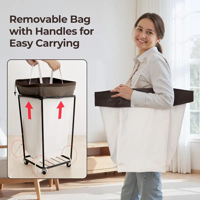 Wheeled Laundry Basket with Laundry Bag for Bathroom in Beige