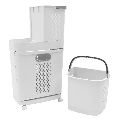Double Layer Rolling Laundry Basket for Laundry Room in Ivory