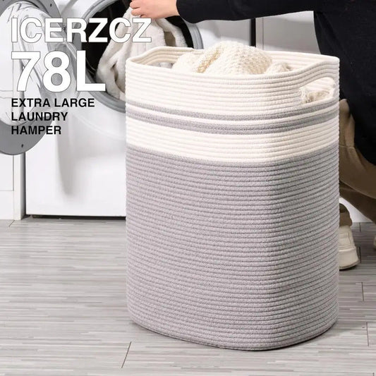 78L Foldable Fabric Rope Laundry Basket in Gray