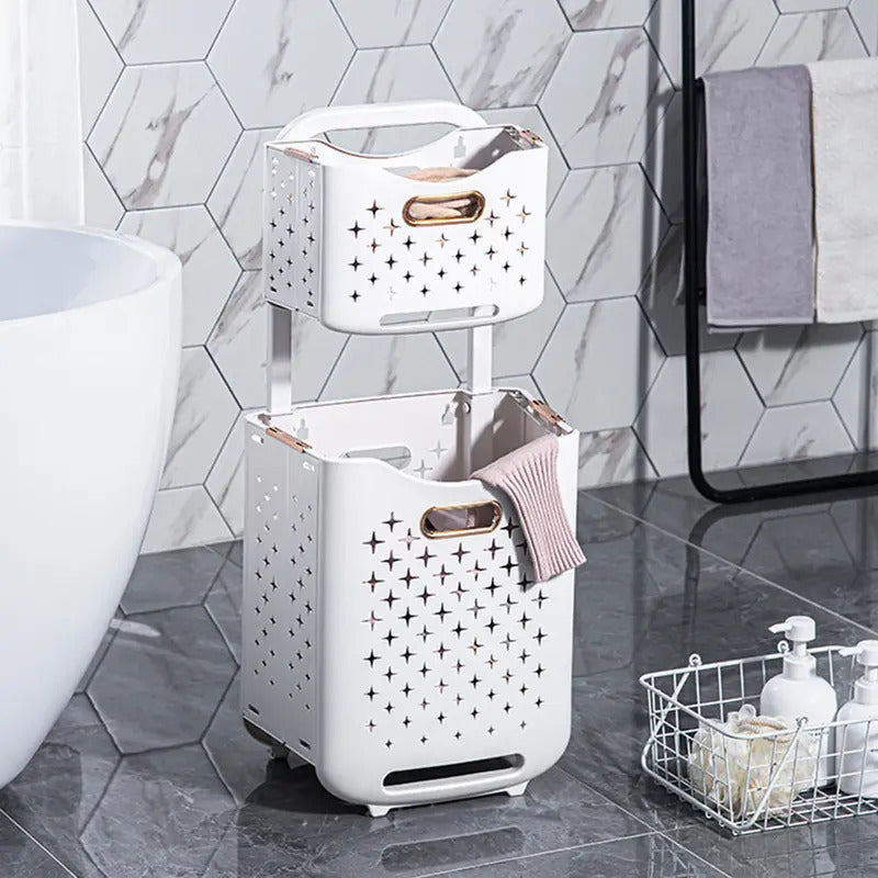 Foldable Double Layer Laundry Basket for Bathrooms in White