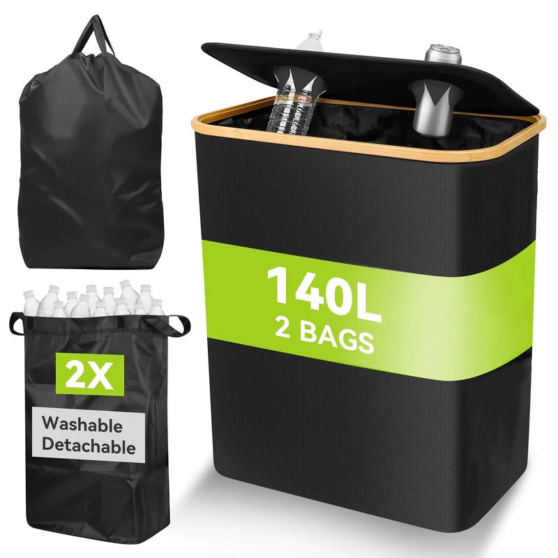 140L Foldable Oxford Double Layer Laundry Basket in Black