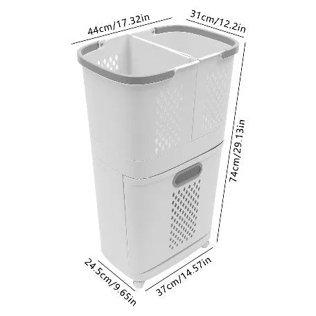 Double Layer Rolling Laundry Basket for Laundry Room in Ivory