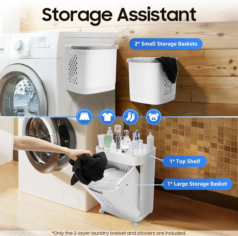 Double Layer Rolling Laundry Basket for Laundry Room in Ivory