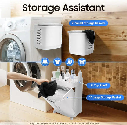 Double Layer Rolling Laundry Basket for Laundry Room in Ivory