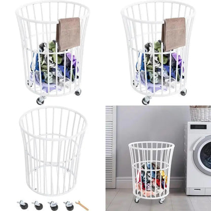 Metal Laundry Basket with Wheels Portable Storage Basket in White