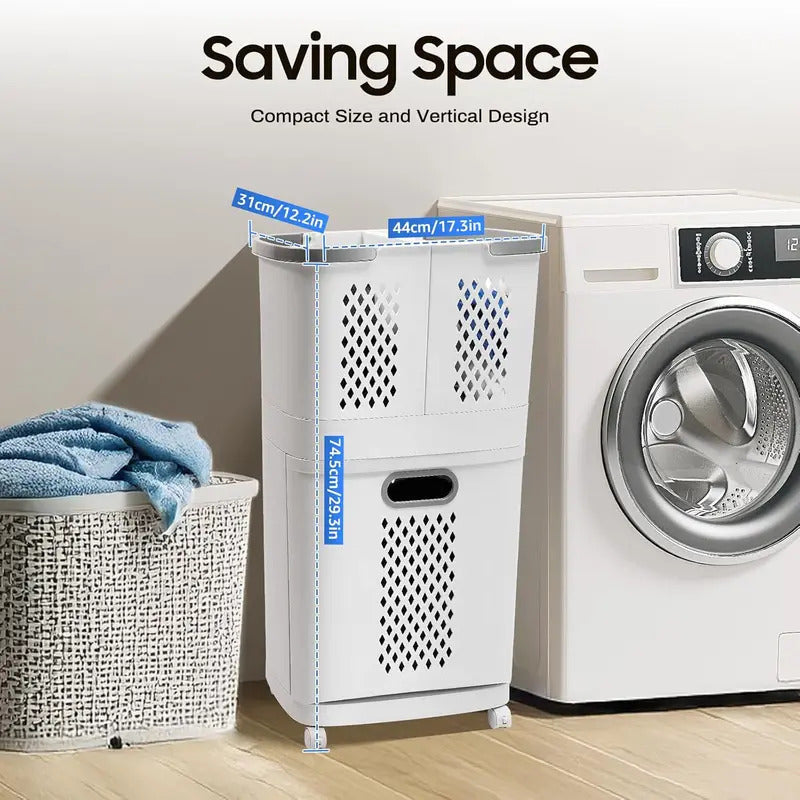 Double Layer Rolling Laundry Basket for Laundry Room in Ivory
