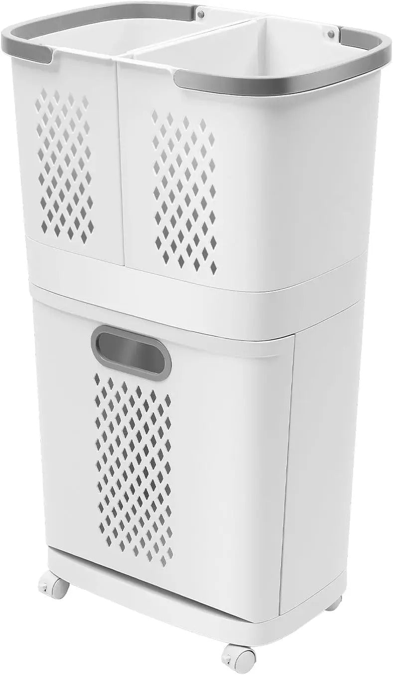 Double Layer Rolling Laundry Basket for Laundry Room in Ivory