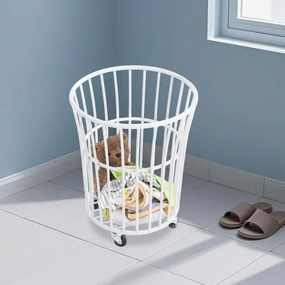 Metal Laundry Basket with Wheels Portable Storage Basket in White