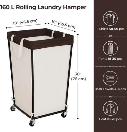 Wheeled Laundry Basket with Laundry Bag for Bathroom in Beige