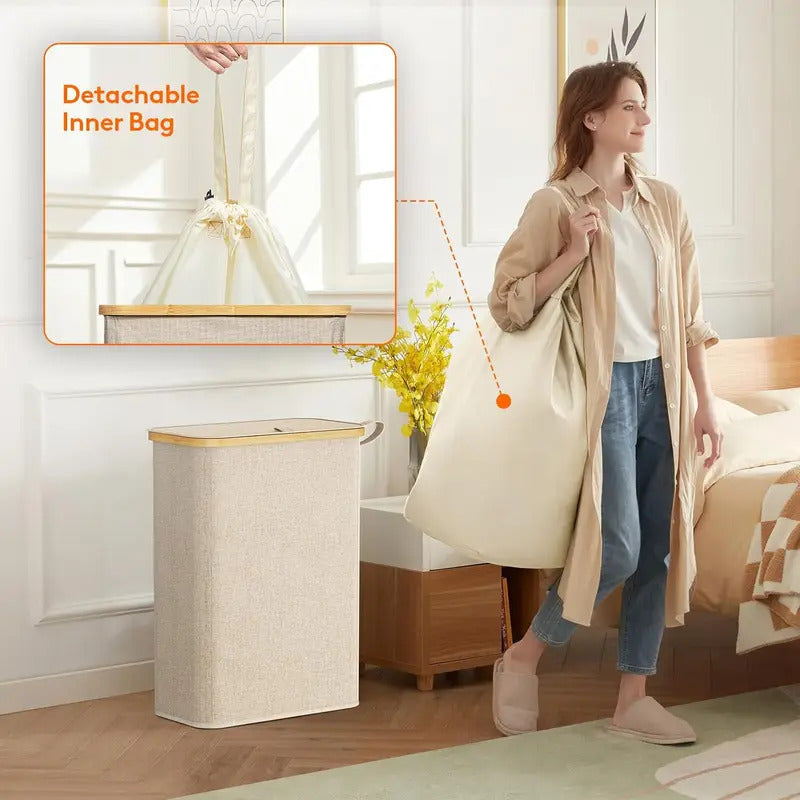 65 Liter Laundry Basket with Detachable Lid in Beige