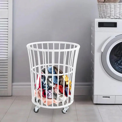 Metal Laundry Basket with Wheels Portable Storage Basket in White