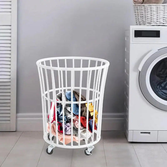 Metal Laundry Basket with Wheels Portable Storage Basket in White