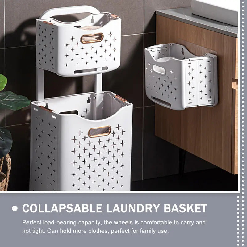 Foldable Double Layer Laundry Basket for Bathrooms in White