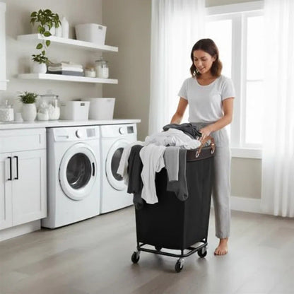 Large Wheeled Laundry Basket Household Storage Basket in Black