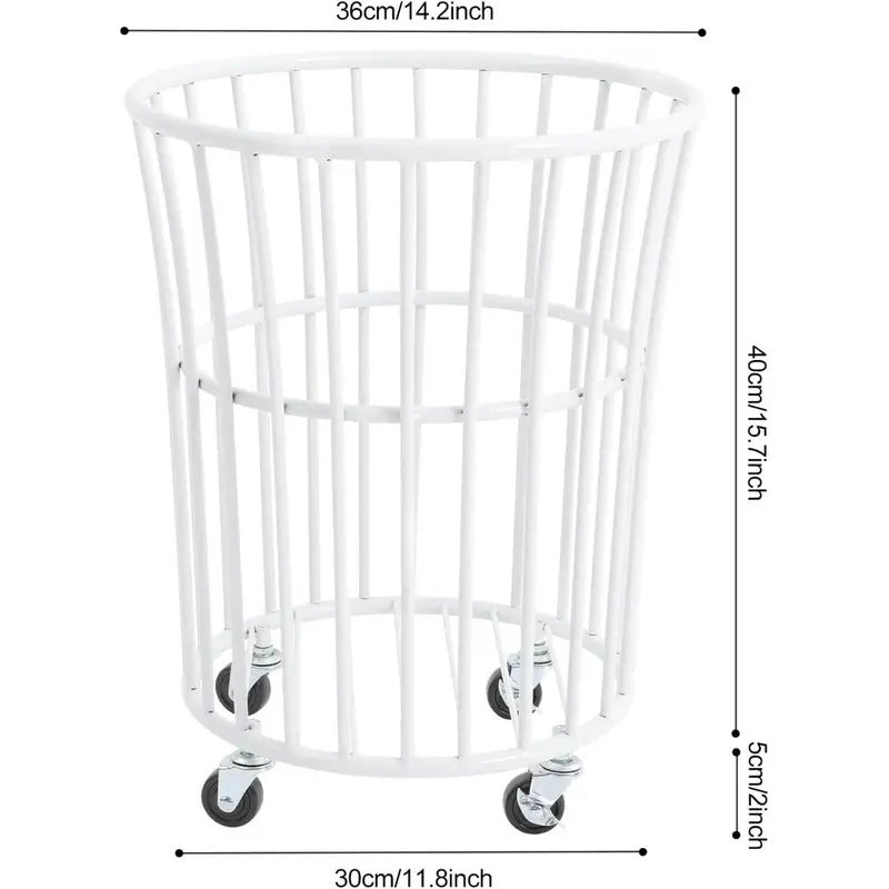 Metal Laundry Basket with Wheels Portable Storage Basket in White
