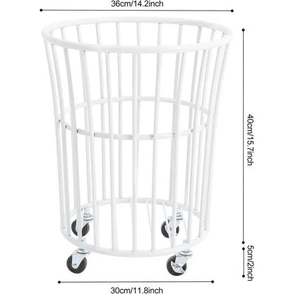 Metal Laundry Basket with Wheels Portable Storage Basket in White
