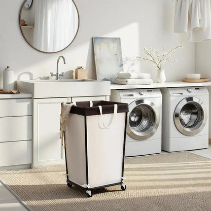 Wheeled Laundry Basket with Laundry Bag for Bathroom in Beige