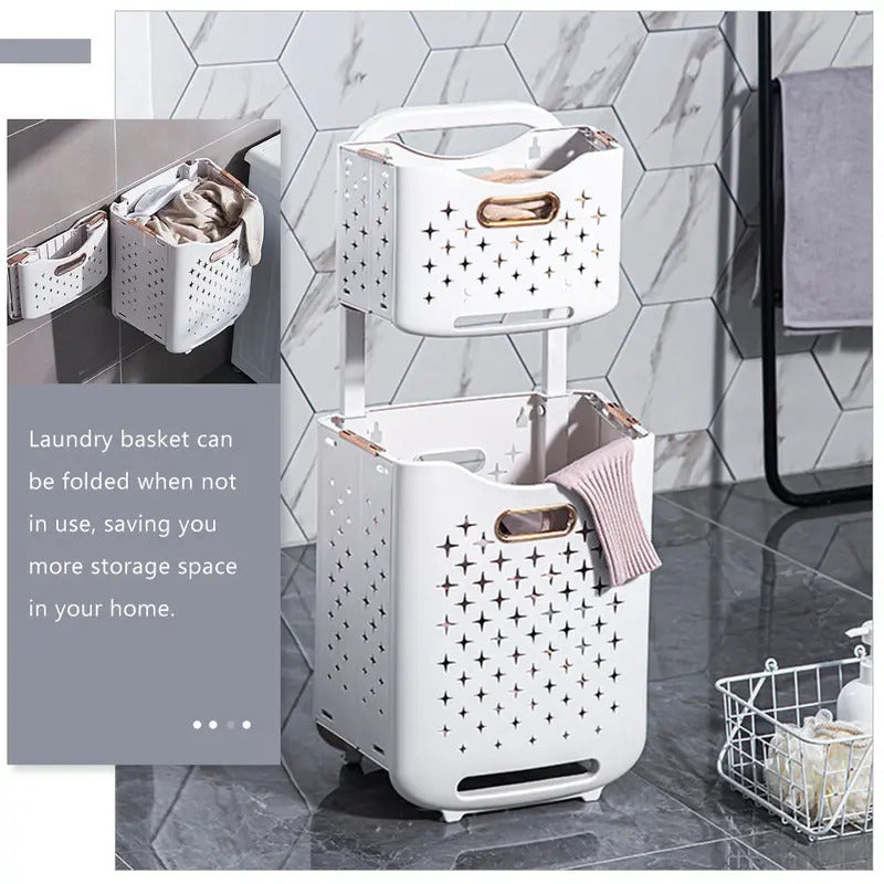 Foldable Double Layer Laundry Basket for Bathrooms in White