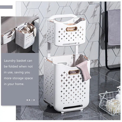 Foldable Double Layer Laundry Basket for Bathrooms in White