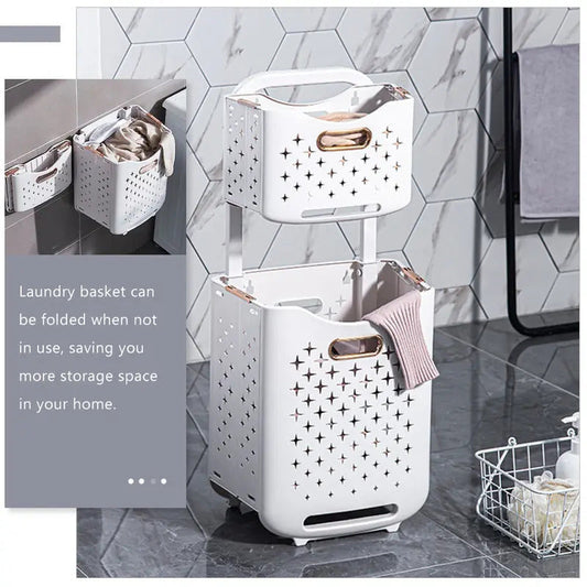 Foldable Double Layer Laundry Basket for Bathrooms in White